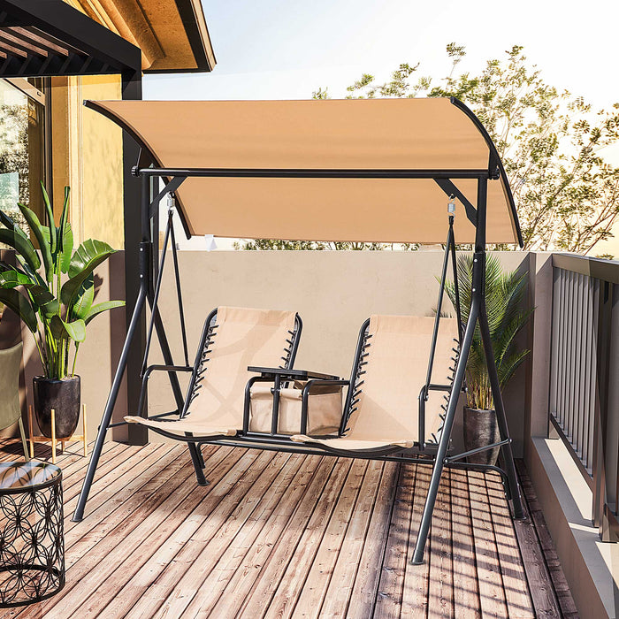 Dual-Seater Patio Swing with Cup Holders - Adjustable Canopy & Textilene Seating, Sturdy Steel Frame - Relaxing Garden Furniture for Couples