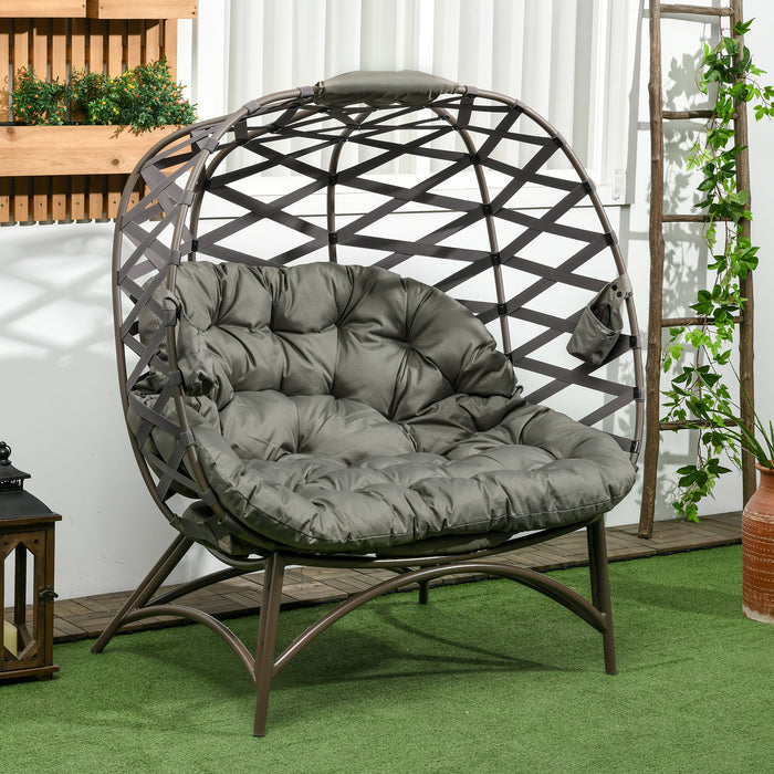 Folding 2-Seater Outdoor Egg Chair with Cushion - Woven Design with Cup Holder Pockets, Sand Brown - Ideal Garden Loveseat for Relaxing and Entertaining