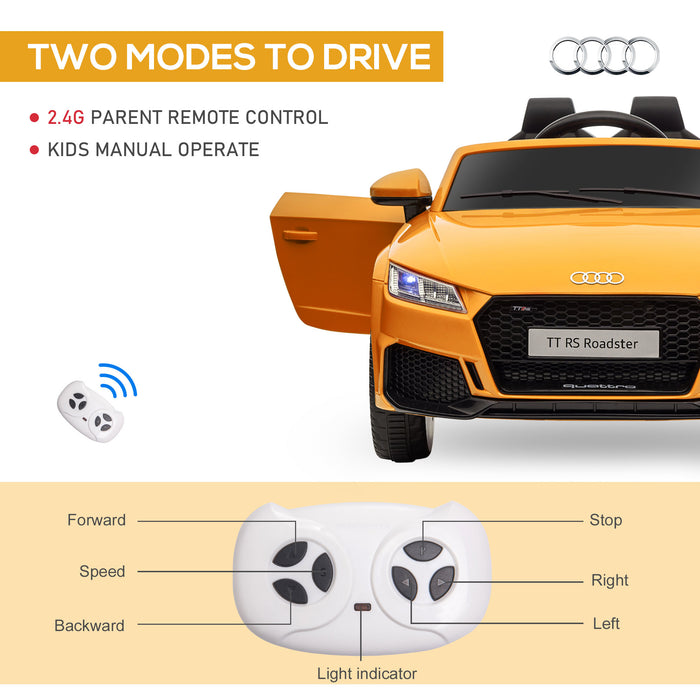 Kids Licensed Audi TT RS - Electric Ride-On Car with Remote, 12V Battery, Suspension, Headlights, MP3 Player, 3km/h in Yellow - Fun Driving Experience for Children