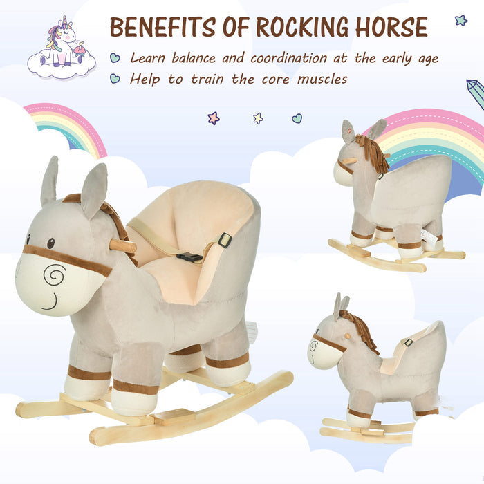 Donkey Plush Rocking Toy for Toddlers - Soft Grey Ride-On with Sound Features - Interactive Play and Motor Skills Development