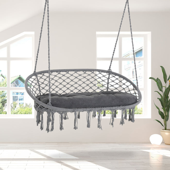 Cotton Rope Hanging Hammock Chair - Sturdy Metal Frame Porch Swing with Large Macrame Seat and Cushion - Perfect for Garden, Bedroom, Living Room Relaxation in Dark Grey