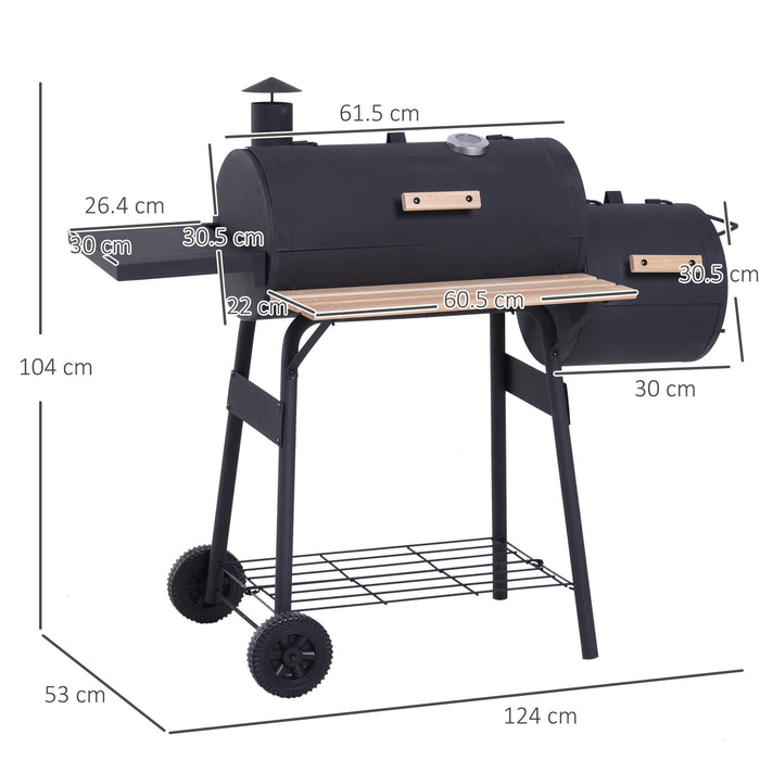 Portable Charcoal Barbecue Grill with Offset Smoker - Handy Shelves, On-lid Thermometer for Precise Cooking - Ideal for Outdoor Gatherings and Garden BBQs