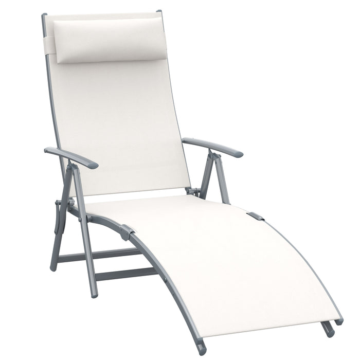 Outdoor Folding Chaise Recliner - Steel Frame Garden Lounger with 7-Level Adjustable Backrest and Headrest - Comfortable Patio Furniture for Sunbathing and Relaxation, Cream White