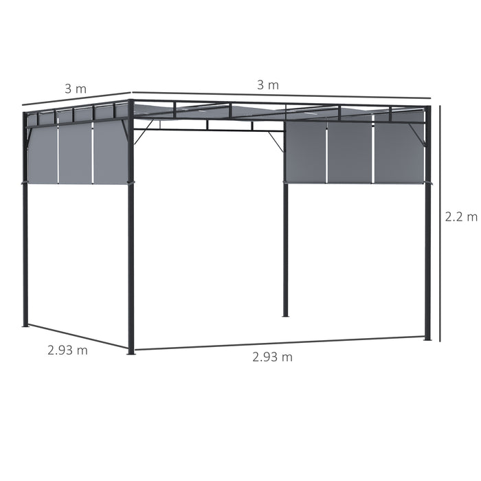 Steel Pergola Gazebo 3x3m - Garden Shelter with Retractable Roof Canopy, Dark Grey - Ideal for Outdoor Patio Relaxation and Entertaining