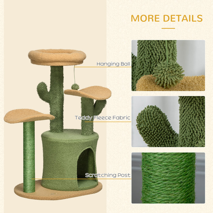 Cactus Cat Tree Climber - 83cm Tall Kitten Activity Center with Plush Teddy Fleece House, Comfy Bed, Durable Sisal Scratch Post & Playful Hanging Ball - Ideal for Playful Cats & Scratch-Loving Kittens