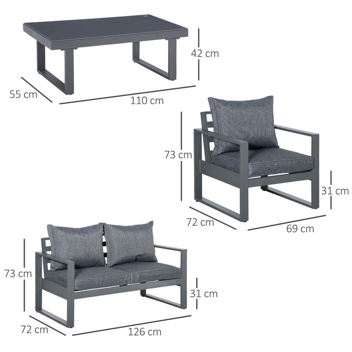 Aluminium Outdoor Lounge Set - 4 Piece Sofa with Coffee Table and Padded Cushions, Dark Grey Olefin Cover - Perfect for Patio and Garden Entertaining