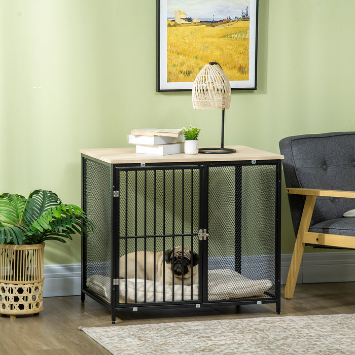 Indoor Wooden Dog Crate End Table with Cushion - Mesh Wall Pet Kennel with Sturdy Top - Stylish Furniture for Small to Medium Dogs