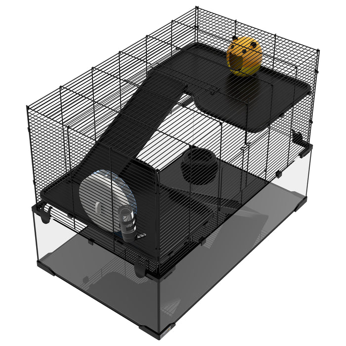 3-Tier Hamster & Gerbil Habitat - Deep Glass Bottom, Non-Slip Ramps, and Exercise Platforms with Hut & Wheel - Ideal for Syrian & Dwarf Hamsters