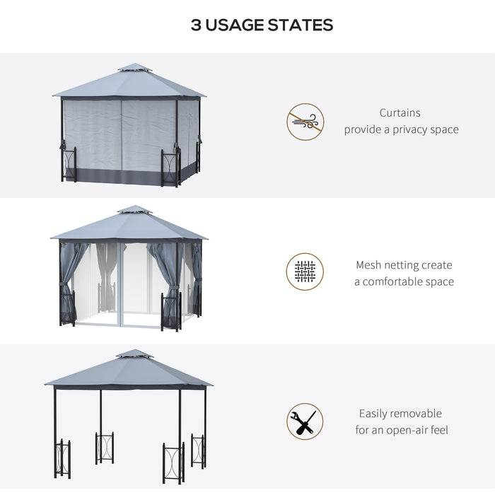 Outdoor Metal Gazebo Canopy 4x3.35m - Dual-Tier Roof, Sun Shade, Mosquito Netting & Privacy Curtains - Elegant Shelter for Garden & Patio Entertaining