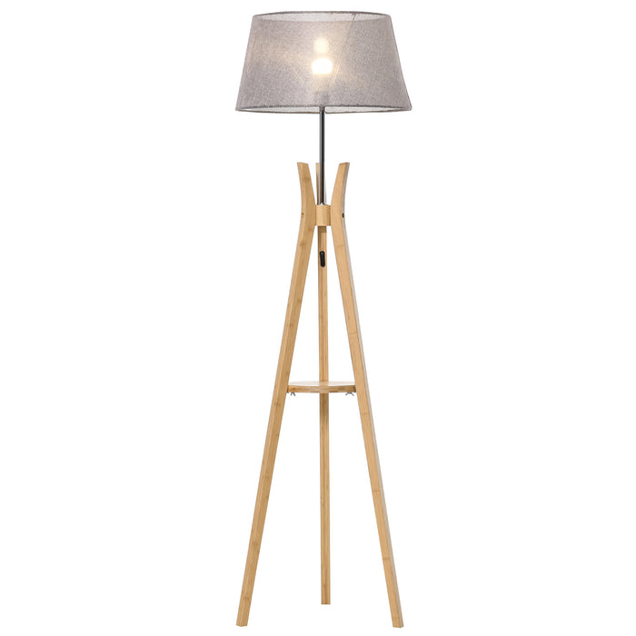 Natural Wood Tripod Floor Lamp with Fabric Shade - E27 Base, Storage Shelf, Foot Switch for Easy Operation - Perfect for Bedroom and Living Room Ambiance, 156cm, Grey