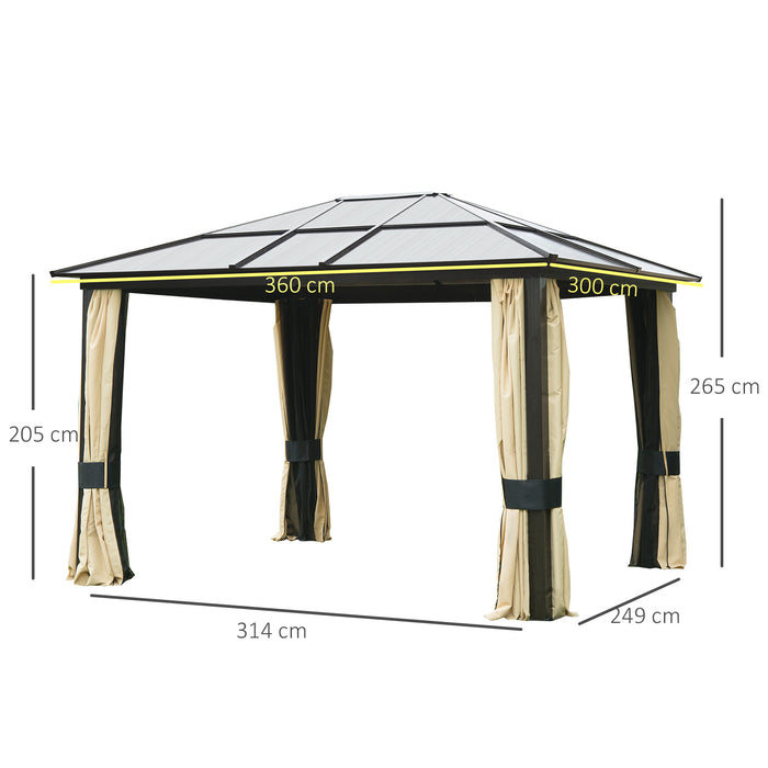 Hardtop Gazebo Canopy with Polycarbonate Roof - 3.6 x 3m Aluminium Frame Pavilion with Mosquito Netting & Curtains, Brown - Elegant Outdoor Shelter for Garden & Entertainment