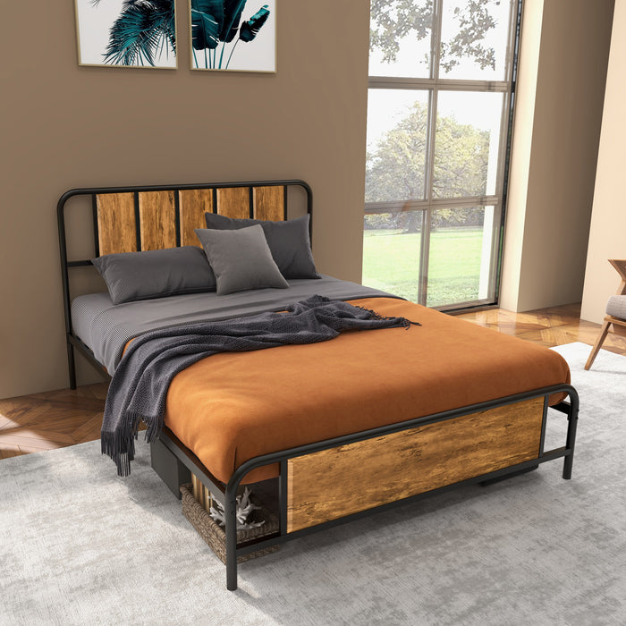 Double Bed Frame with Headboard and Footboard - Industrial-Style Steel Slat Base, Under-Bed Storage - Ideal for Rustic Bedroom Decor, 145 x 199cm