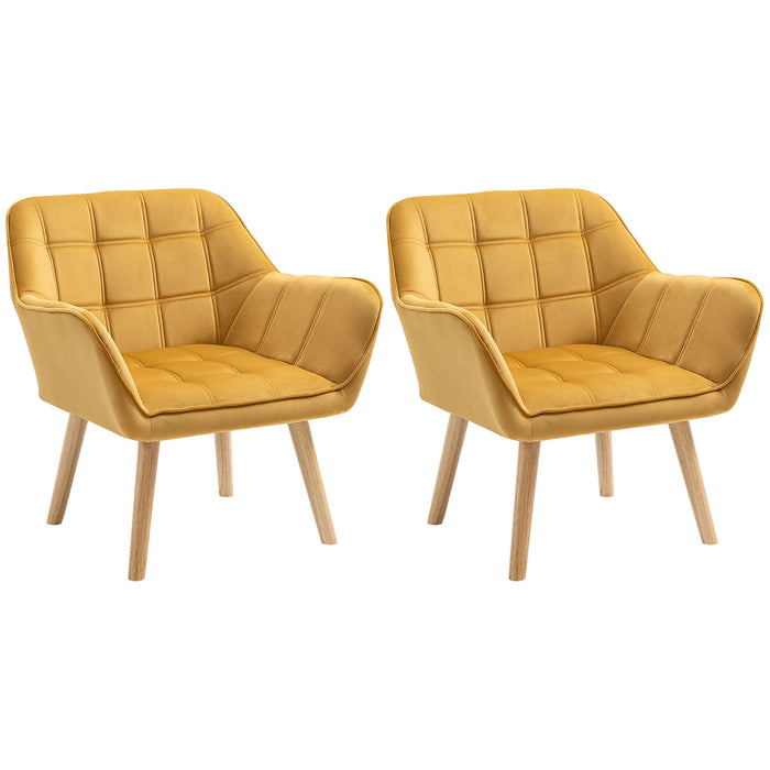 Accent Armchair with Wide Arms and Slanted Back - Padded Seat, Iron Frame and Wooden Legs in Yellow - Modern Bedroom Furniture Seating for Home, Set of 2