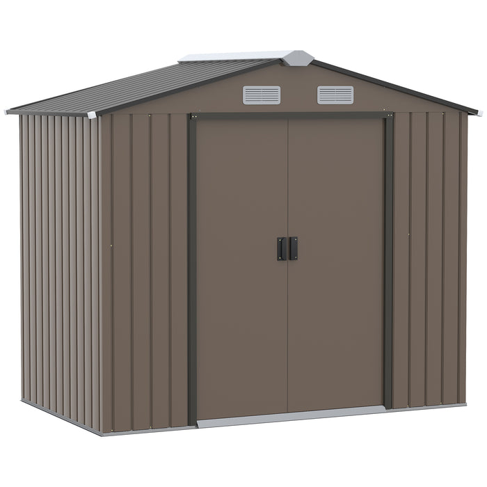 Extra Large Metal Garden Shed - 7ft x 4ft Lockable Storage with Foundation, Patio Roof, Tool Building - Secure Outdoor Organizer for Lawn Equipment, Brown