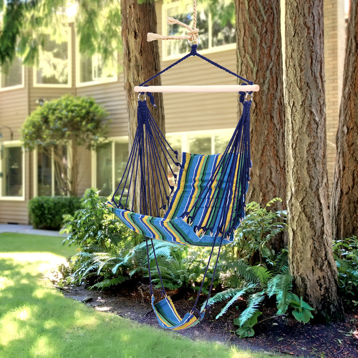 Outdoor Cotton Rope Hammock Chair - Blue Striped Patio Swing Seat with Wooden Footrest - Ideal for Garden, Yard, and Deck Relaxation