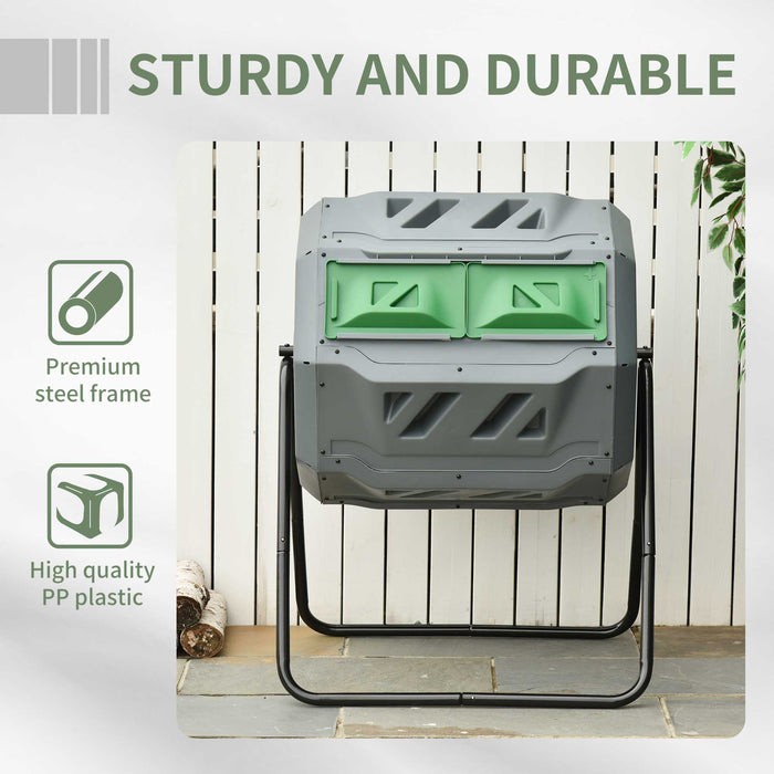 160L Dual Chamber Tumbling Composter - Outdoor 360° Rotating Bin with Sliding Doors and Steel Frame, Grey - Eco-Friendly Waste Composting for Garden Enthusiasts