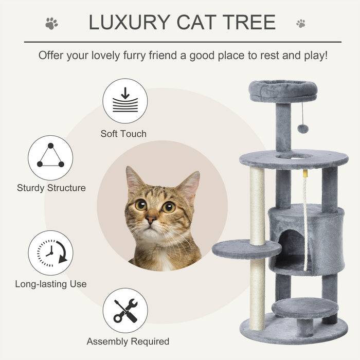 Cat Tree Tower 112cm - Sturdy Jute Scratching Post & Perch with Playful Interactive Toys - Perfect Activity Center for Climbing & Entertaining Kittens