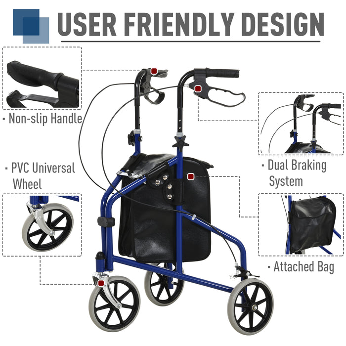 Tri Rollator Walker - Senior and Handicapped-Friendly Three-Wheel Design with Handbrakes & Adjustable Height - Includes Durable PU Storage Bag