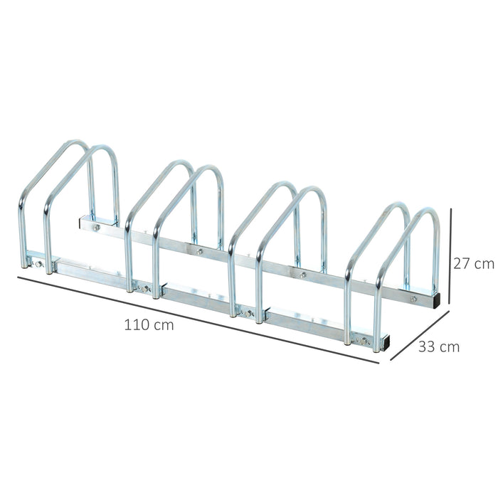 Bike Stand Storage Solution - Floor or Wall Mountable 4-Slot Bicycle Rack with Locking Feature, Silver - Secure and Organize Multiple Cycles for Home or Commercial Use