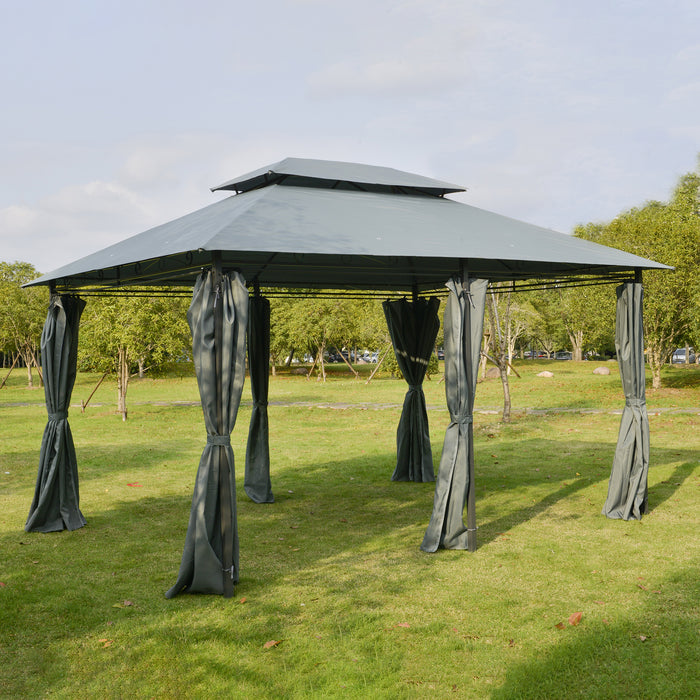 2-Tier Steel Frame Gazebo, 10 x 13ft, with Curtains - Sturdy Outdoor Shelter for Backyard, Black/Grey - Ideal for Garden Parties & Relaxation