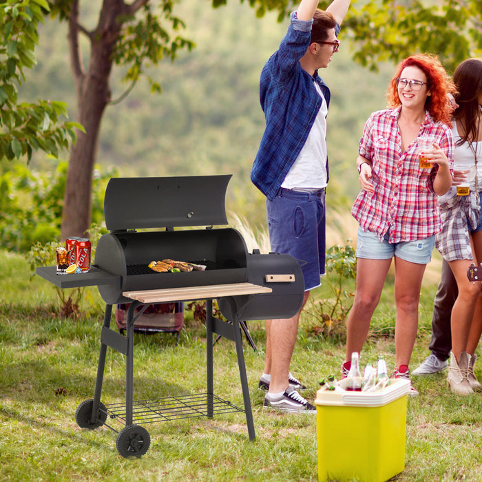 Portable Charcoal Barbecue Grill with Offset Smoker - Handy Shelves, On-lid Thermometer for Precise Cooking - Ideal for Outdoor Gatherings and Garden BBQs