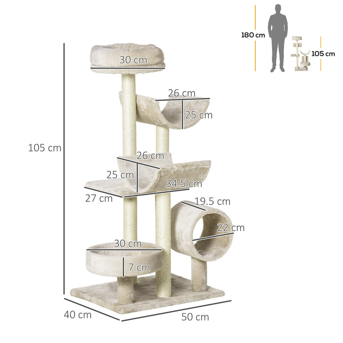 Plush Beige Cat Tree - Spacious 50x40x105cm Climbing & Lounging Tower - Ideal for Indoor Cats' Play & Rest