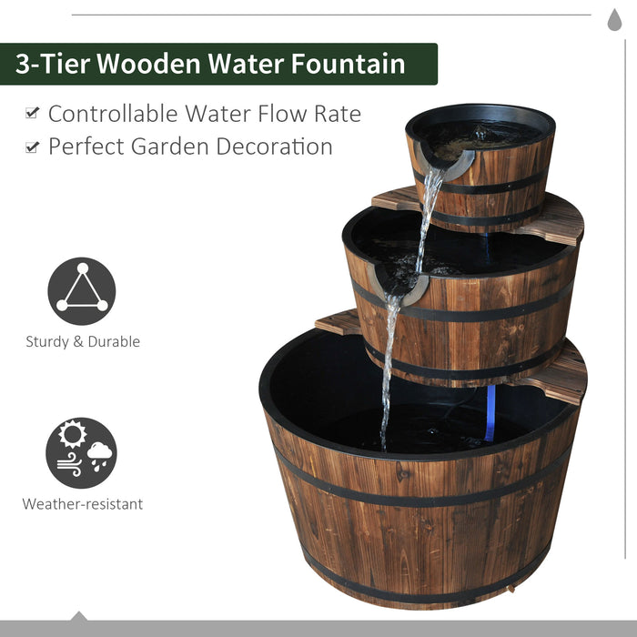 Rustic Wooden Barrel Water Fountain - 3-Tier Cascading Pump Feature for Garden and Deck - Enhances Outdoor Ambiance