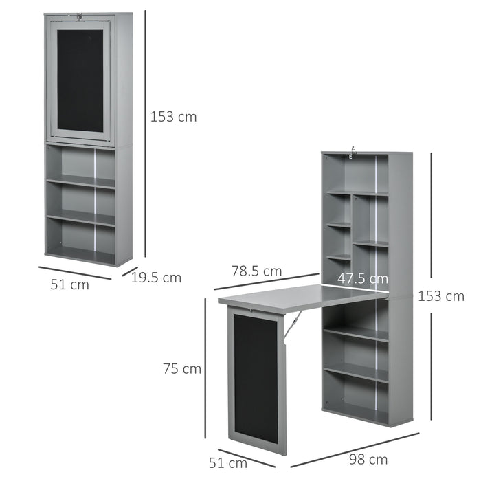 Convertible Wall-Mounted Desk with Blackboard - Fold-Out Writing Station with Side Shelf - Space-Saving Grey Home Office Solution