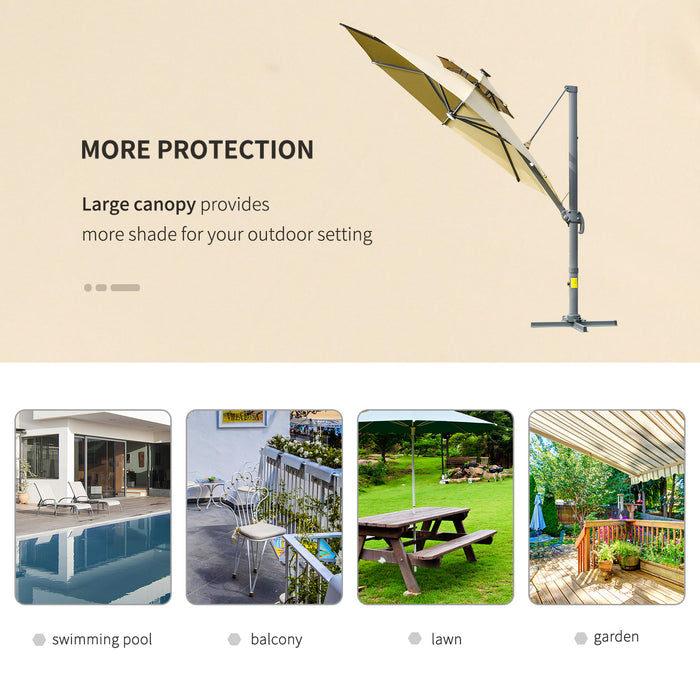 3M Cantilever Parasol with Solar Lights - Adjustable Canopy, 360° Rotation, Power Bank & Cross Base - Outdoor 2-Tier Roof Garden Umbrella for Sun Protection, Khaki