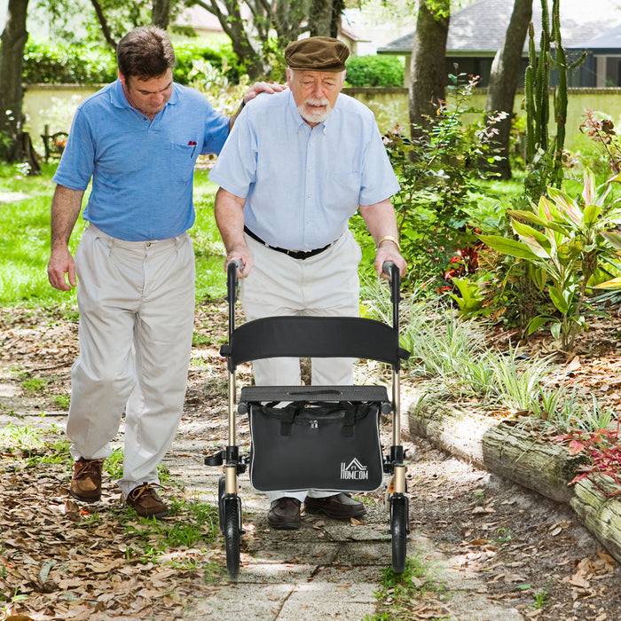 Mobility Aid Walker with Cane Holder - 4-Wheel Rollator with Adjustable Handle, Seat, and Storage Bag - Comfortable Walking Support for Seniors, Gold Aluminum Frame