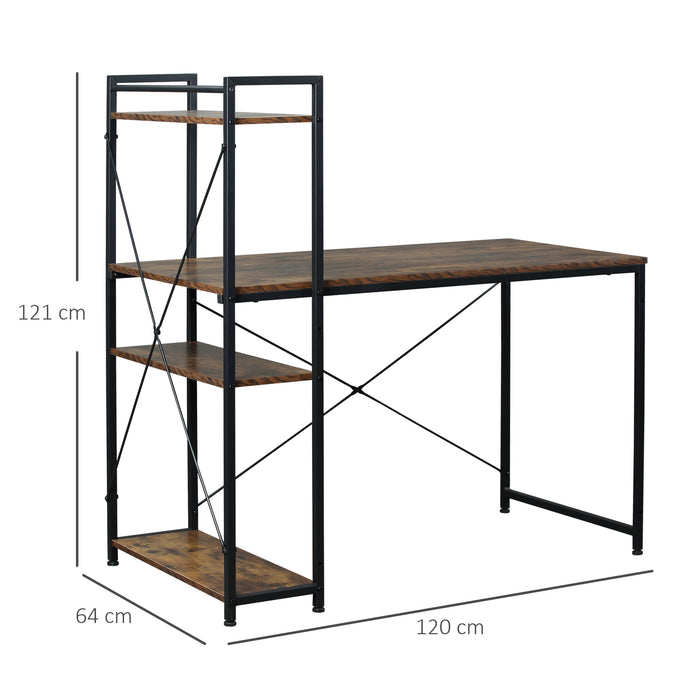 4-Tier Bookshelf Computer Desk - Study Workstation with Storage, Metal Frame, Wooden Top - Ideal for Home Office, Rustic Brown & Black Design