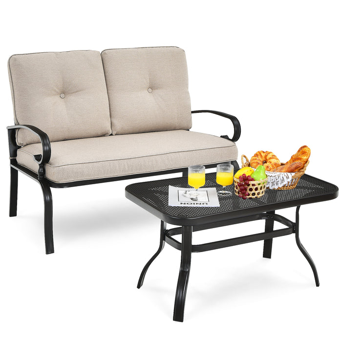 Rattan Direct - 2-Seater Cushioned Sofa and Coffee Table Garden Furniture Set in Beige - Ideal for Outdoor Relaxation and Entertainment