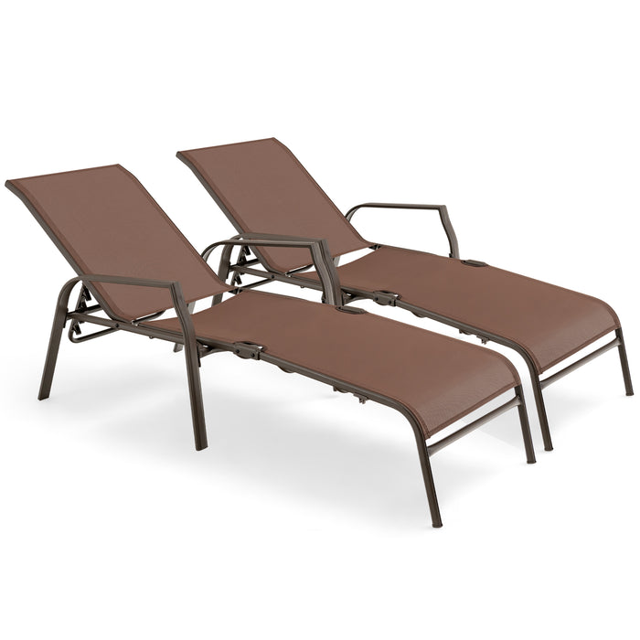 2-Piece Folding Sun Lounger - Adjustable 5-Position, Stackable Deck Chairs in Brown - Perfect for Patio, Poolside Relaxation