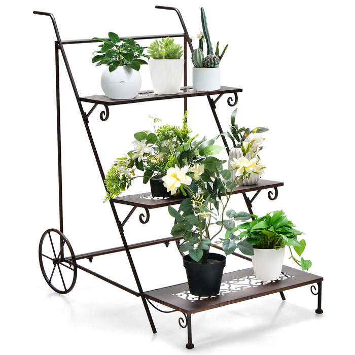 Metal Plant Stand 3-Tier Ladder Shaped - With Wheels and Handle for Easy Mobility - Ideal for Displaying House Plants and Decor