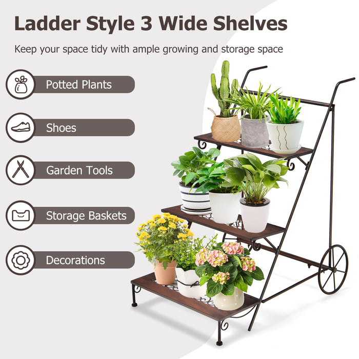 Metal Plant Stand 3-Tier Ladder Shaped - With Wheels and Handle for Easy Mobility - Ideal for Displaying House Plants and Decor