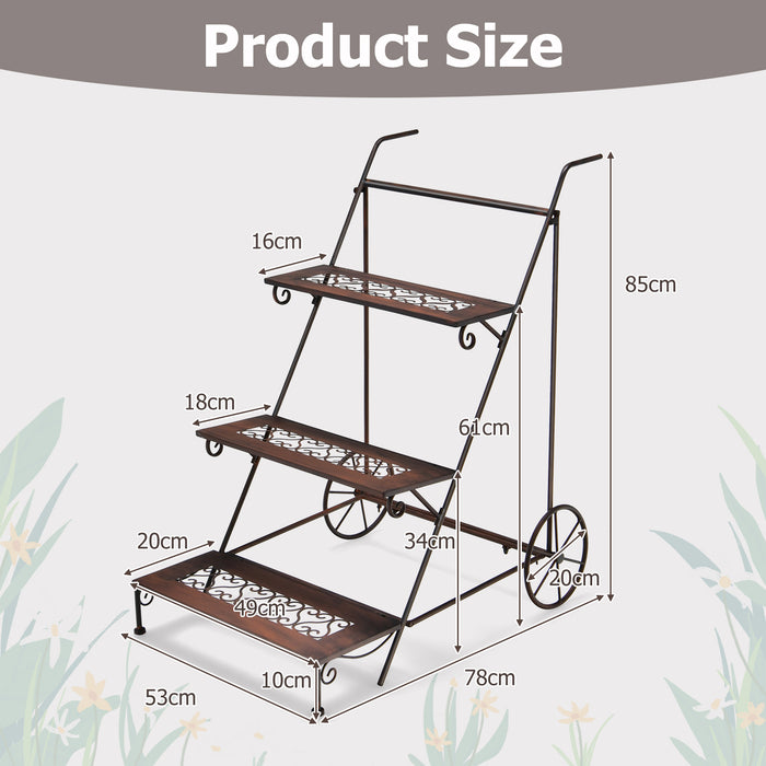 Metal Plant Stand 3-Tier Ladder Shaped - With Wheels and Handle for Easy Mobility - Ideal for Displaying House Plants and Decor