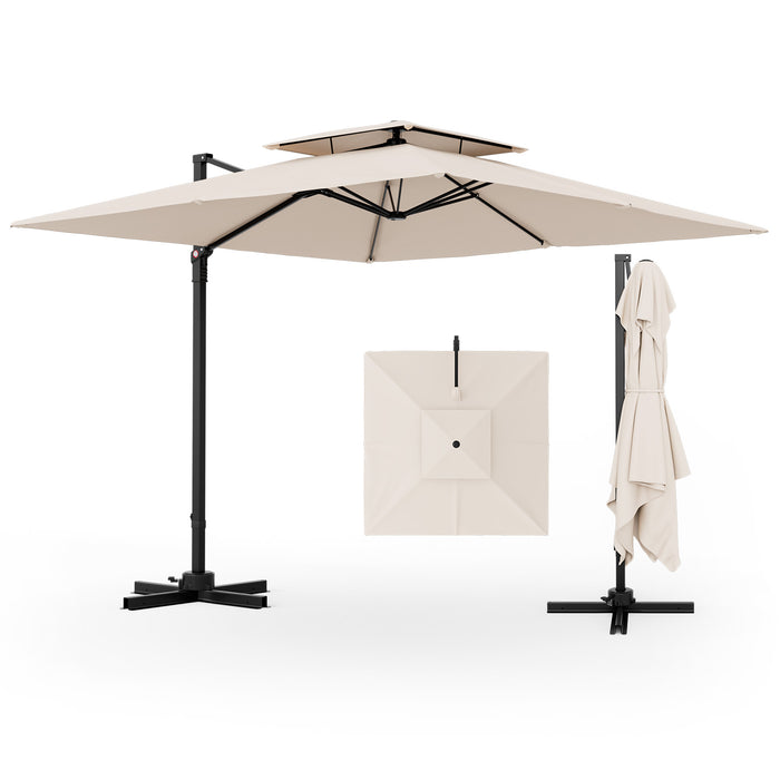 3M - Square Cantilever Garden Parasol with 360° Rotation and Double Top in Beige - Ideal Shade Solution for Outdoor Spaces