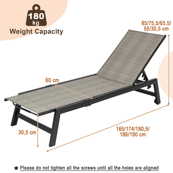 PE Rattan - Patio Chaise Lounge with Five-Level Adjustable Backrest in Grey - Ideal for Outdoor Relaxation and Comfort