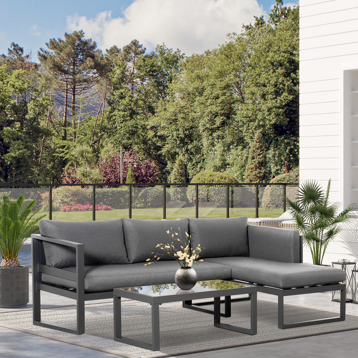 L-Shaped 3-Seater Garden Sofa Set with Cushions - Outdoor Sectional Conversation Furniture with Glass-Top Coffee Table - Perfect for Patio & Deck Entertaining