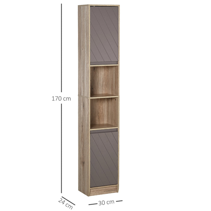 Freestanding Tall Bathroom Storage Cabinet - Dual-Tone Grey & Oak Brown with Anti-Tipping Base, Cupboards & Compartments - Space-Saving Organizer for Bathroom Essentials