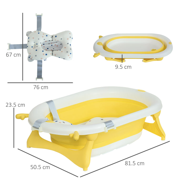 Foldable Ergonomic Baby Bath Tub with Cushion - Temperature-Sensitive Plug, Non-Slip Legs, Portable Design - Ideal for Infants 0-3 Years, Sunny Yellow