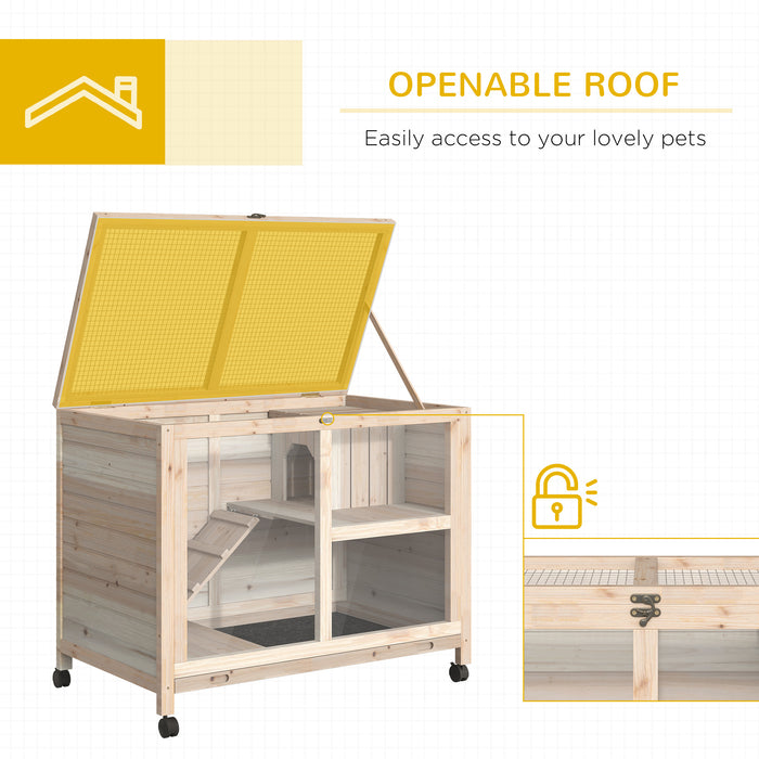 Wooden Rabbit Hutch with Wheels and Pull-Out Tray - Small Animal Enclosure for Guinea Pigs and Bunnies, Openable Roof Design - 91.5 x 53.3 x 73 cm Ideal for Pet Comfort and Easy Cleaning