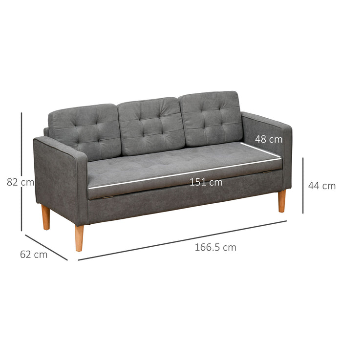 3-Seater Button-Tufted Sofa with Storage - Contemporary Fabric Couch with Rubberwood Legs, Grey - Space-Saving Furniture for Living Rooms