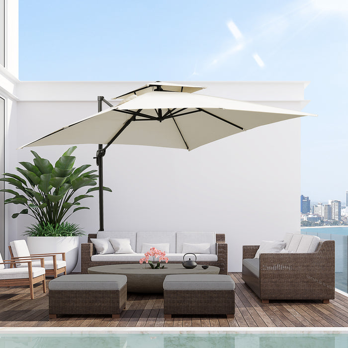 Cantilever Crank & Tilt Parasol - 3x3m Beige Overhanging Garden Umbrella with 360° Rotation - Includes Base Weights and Protective Cover for Outdoor Patio Use