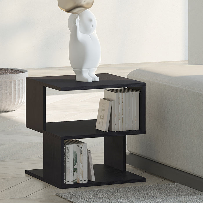 Modern Square Coffee Table with 2-Tier Shelving - Contemporary Wood Storage Shelf Rack for Living Room - Sleek Black Side Table for Organization and Display