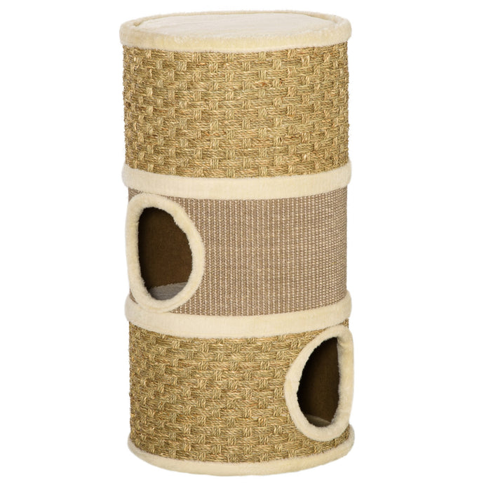 Kitten Tree Tower with Scratching Barrel - Pet Furniture Climbing Frame with Sisal and Seaweed Rope - Cozy Platform for Cats with Soft Plush Surface