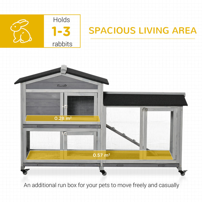 Mobile Two-Tier Rabbit Hutch with Wheels - Wooden Guinea Pig Cage with Run, Slide-Out Tray, and Ramp - Ideal for Bunny Outdoor Living and Exercise 157.4 x 53 x 99.5 cm