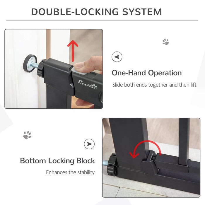 Pet Safety Gate 75-82 cm - Pressure-Mounted Barrier w/ Small Pet Door, Auto-Close & Double Locking - Ideal for Doorways & Stairs, For Dogs & Cats