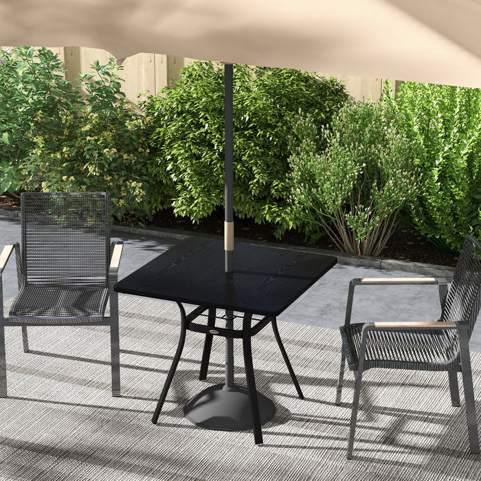 Sturdy Black Steel Garden Table with Metal Top - Foot Pads & Umbrella Hole for Outdoor Use - Ideal for Balcony & Porch Spaces