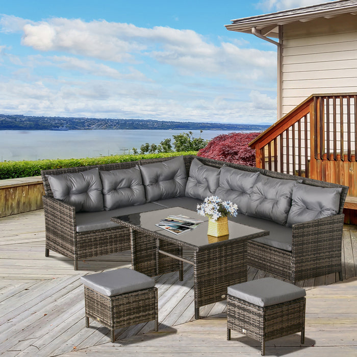 8-Seater Rattan Corner Dining Set with Cushions - Outdoor Wicker Sofa, Coffee Table, and Footstool for Garden and Conservatory - Patio Entertaining and Relaxation Furniture, Grey